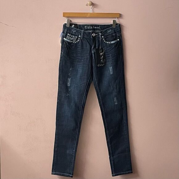 Vintage Cielo Y2K Dark Wash Blue Bejeweled Pocket Low Rise Skinny Jeans Sz 5 NWT - Picture 1 of 12